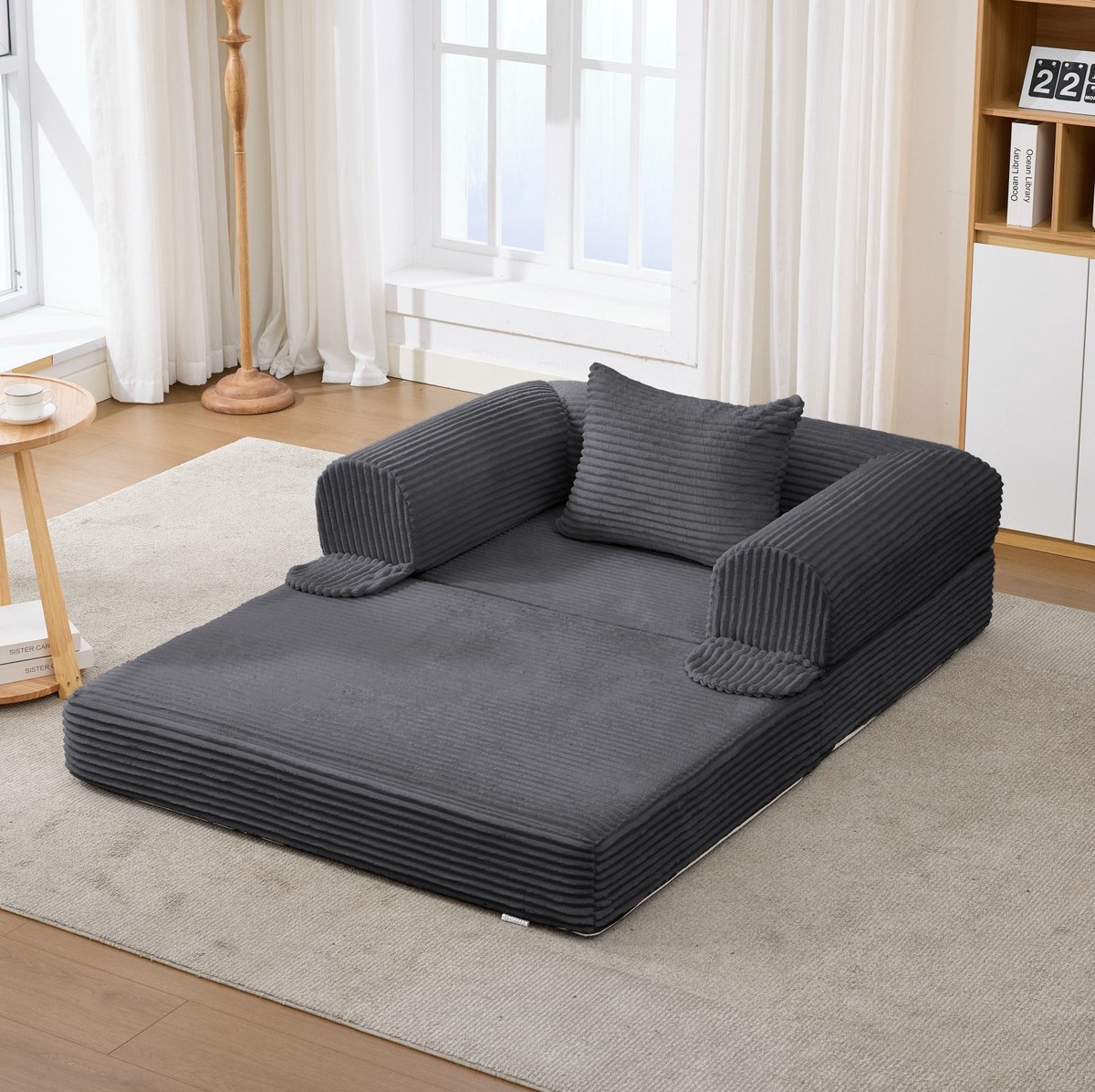 HAUSS SPOLE Fauteuil - Slaapfauteuil 2-in-1 - Uitklapbaar Handmatig Met Kussen - Voor Woonkamer En Logeerkamer - Cord Grijs