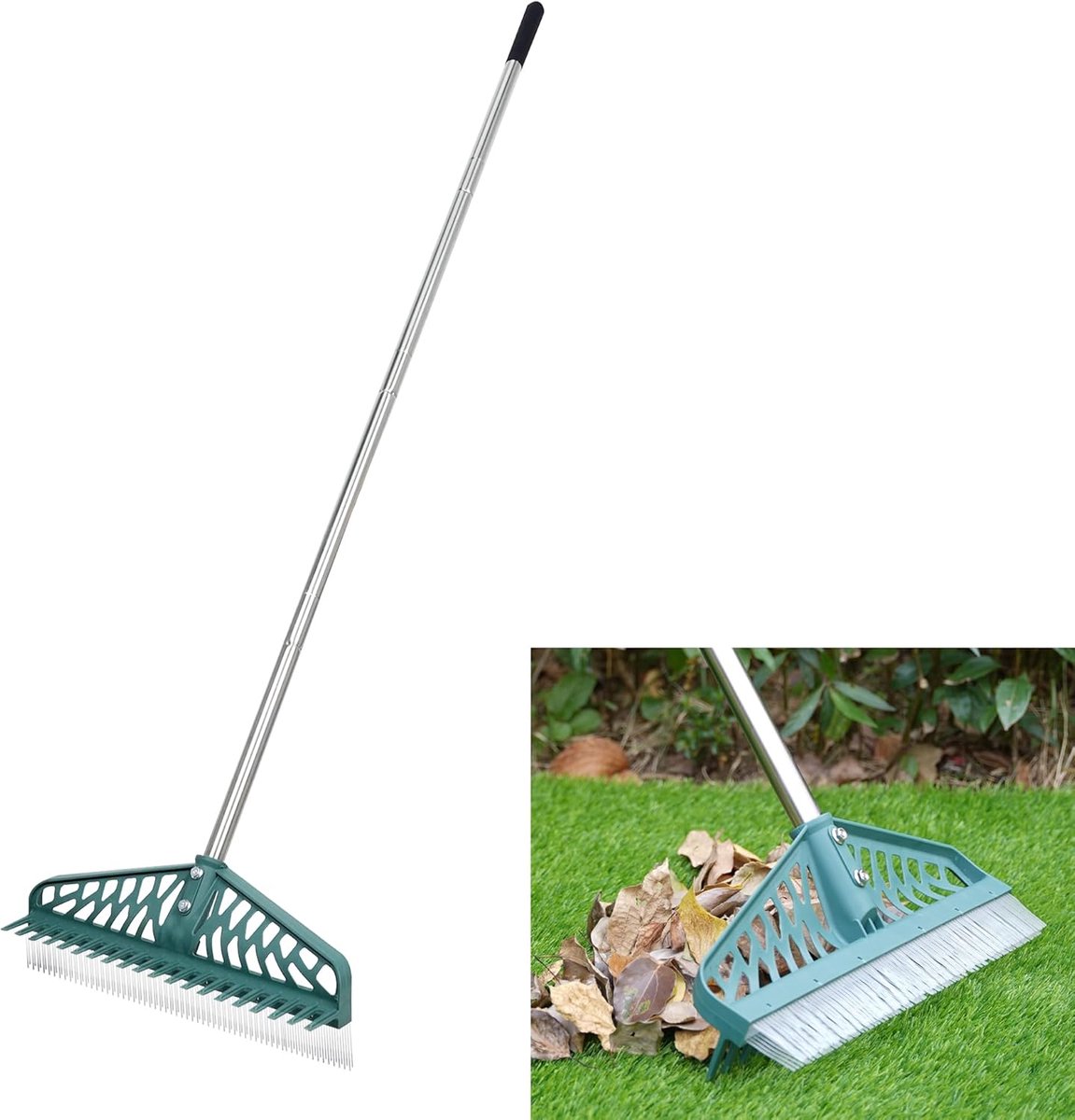 Kunstgrashark, dubbelzijdige tuinhandhark, roestvrijstalen lange paal bladeren hark 16 inch breed voor tuin gazon schoon, kunstgras, terrassen, tapijten, huisdierharen