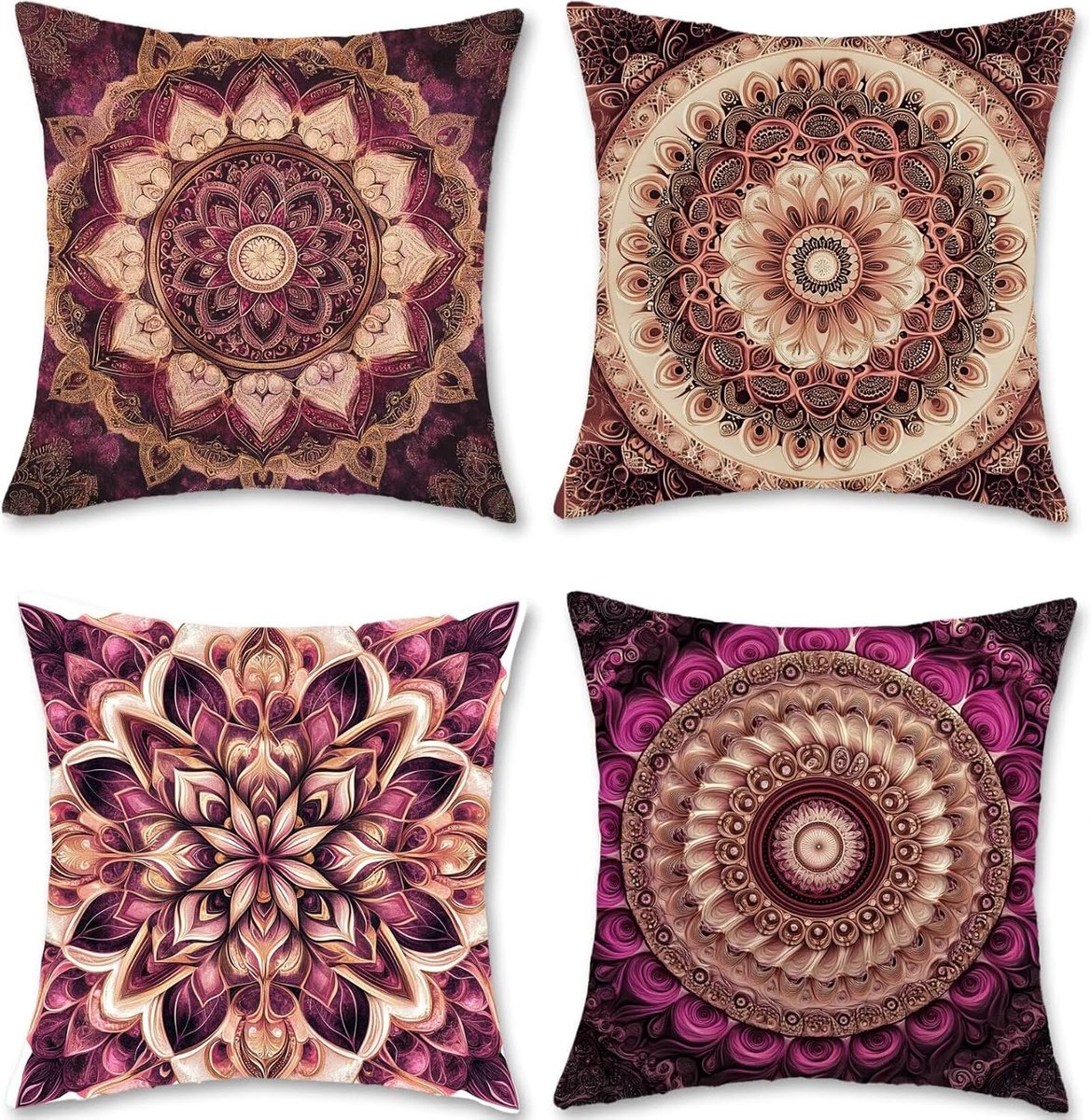 Kussensloop, 50 x 50 cm, set van 4 kussens, Boheems, fluweel, bankkussen, mandala, decoratief, zacht en ademend, voor thuis, Halloween, tuin, decoratie, S1-325