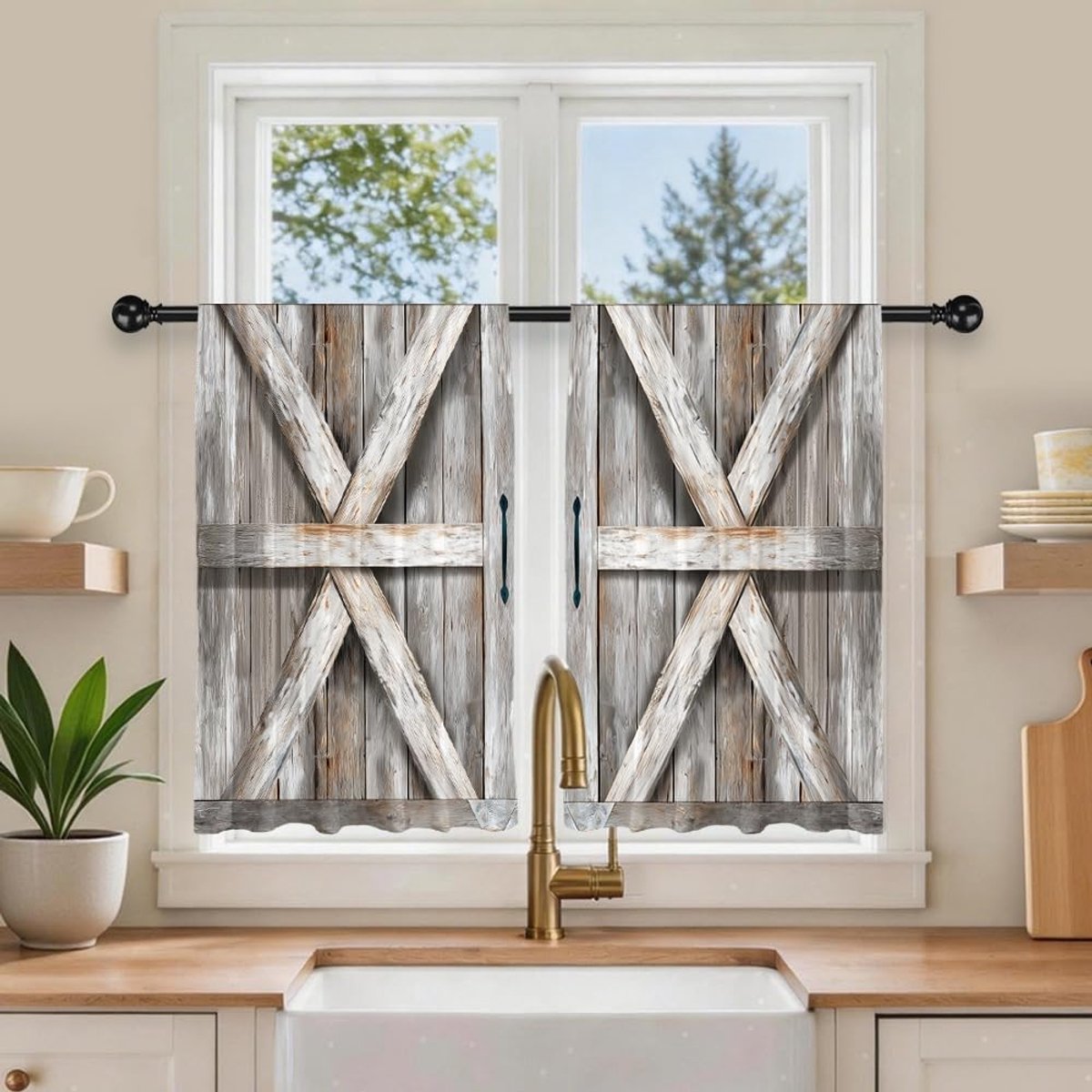 bedrukt polyester korte keukengordijnen 70 x 91 cm roedezak rustieke houten deurgordijnen kleine decoratieve raamgordijnen voor badkamer woonkamer camper 2 panelen