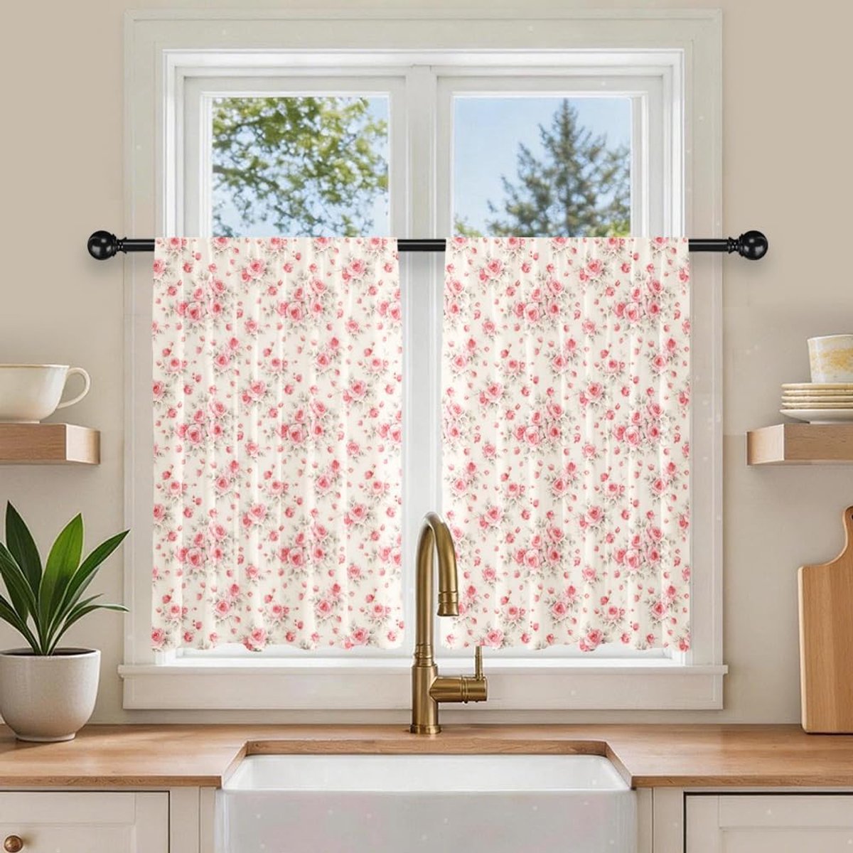roos bloem bedrukte polyester korte keukengordijnen 27,5 x 36 inch roedezak vintage roos gordijnen kleine decoratieve raamgordijnen voor badkamer woonkamer camper 2 panelen