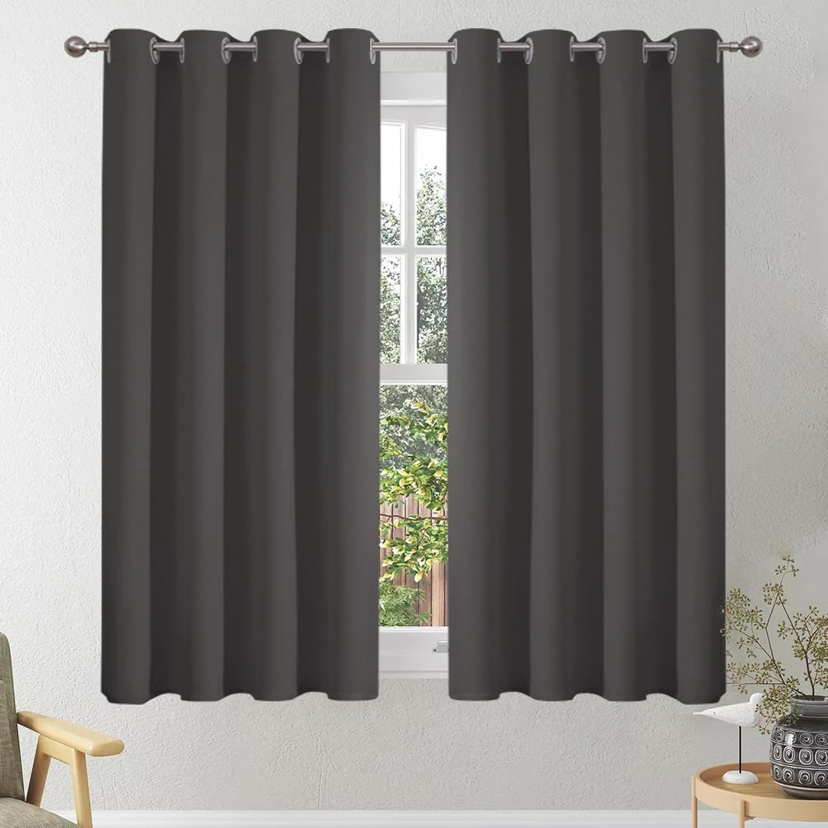 Gordijnen voor woonkamer, thermogordijn tegen kou, overgordijnen, set van 2 gordijnen, slaapkamer met ringen, verduisteringsgordijn, ondoorzichtig, kort, raam, keuken, 137 x 117 cm (h x b