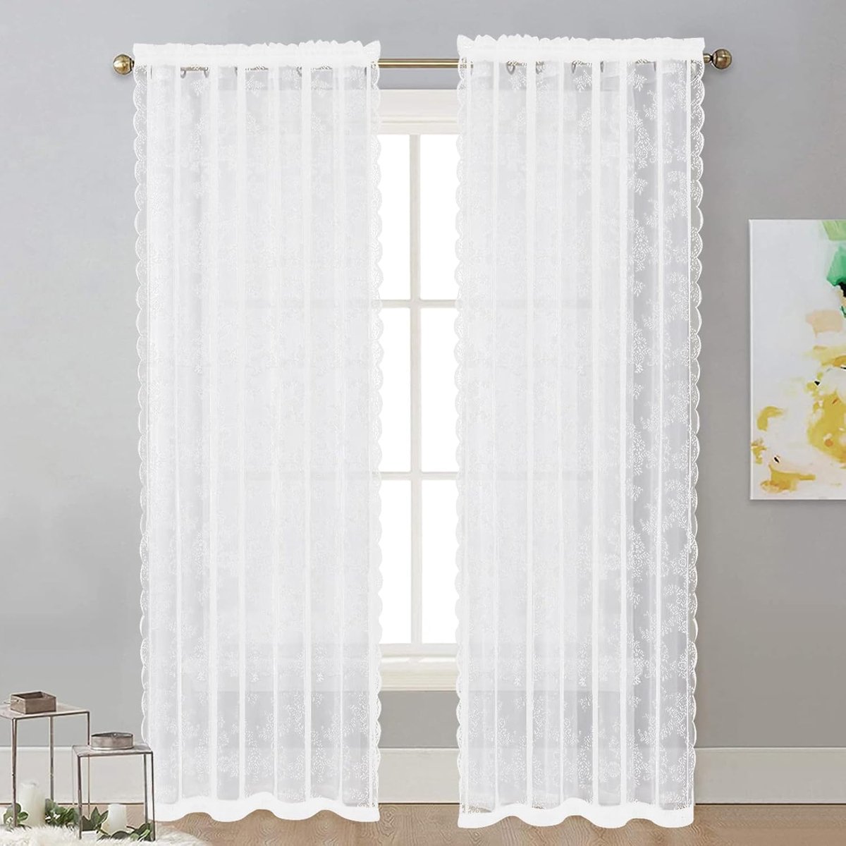 gordijn wit: 2-delige bloemen borduurwerk voile gordijn met stangdoorgang, decoratieve gordijnen geborduurd, voile kanten gordijnen met oogjes voor woonkamer, terras, slaapkamer