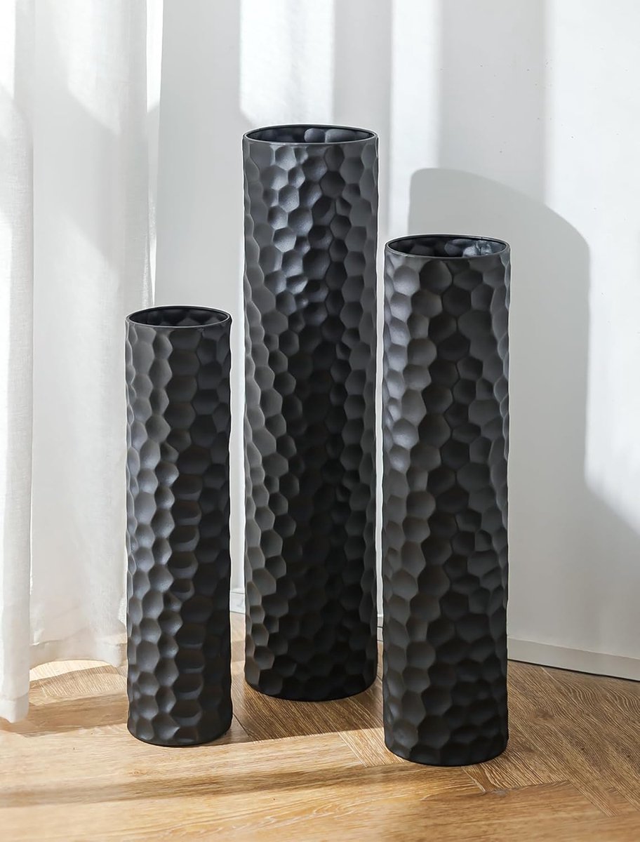 Extra Zwarte Grote Vloervaas: 70/60/50 cm Hoge Vazen Staand voor Woonkamer - Metalen Vloer Vazen Groot Set van 3 - Grote Bloemenvaas voor Slaapkamer Keuken Openhaard Hoek