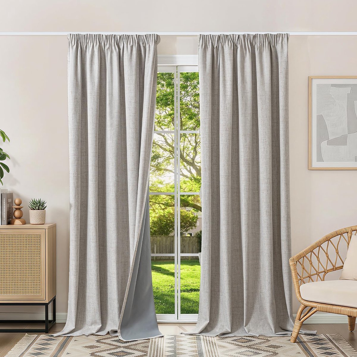 100% verduisteringsgordijnen, thermische gordijnen, koudebescherming, gordijnen met plooiband, 260 x 140 cm (h x b), set van 2, linnenlook, gordijnen, ondoorzichtig, grijs-wit, schuifgordijnen