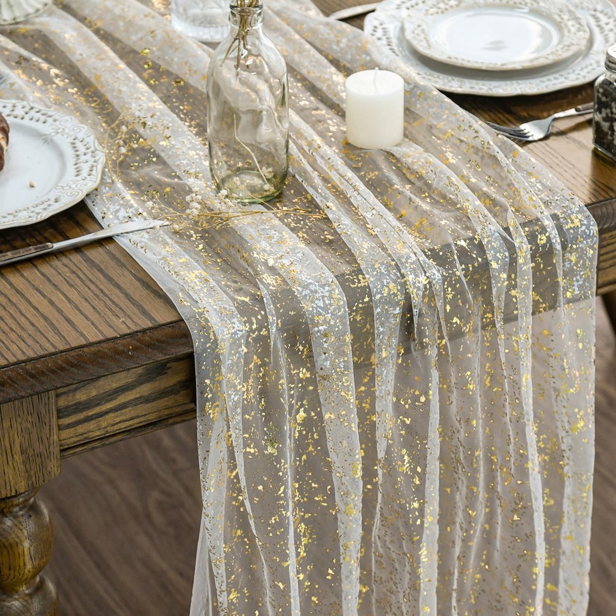 Mode Gaze Tulle Glitter Folie Beige Gouden Tafelloper 70x300 cm, Keuken Tafeldecoratie Binnen Vakantie Feest Verjaardagsdecor