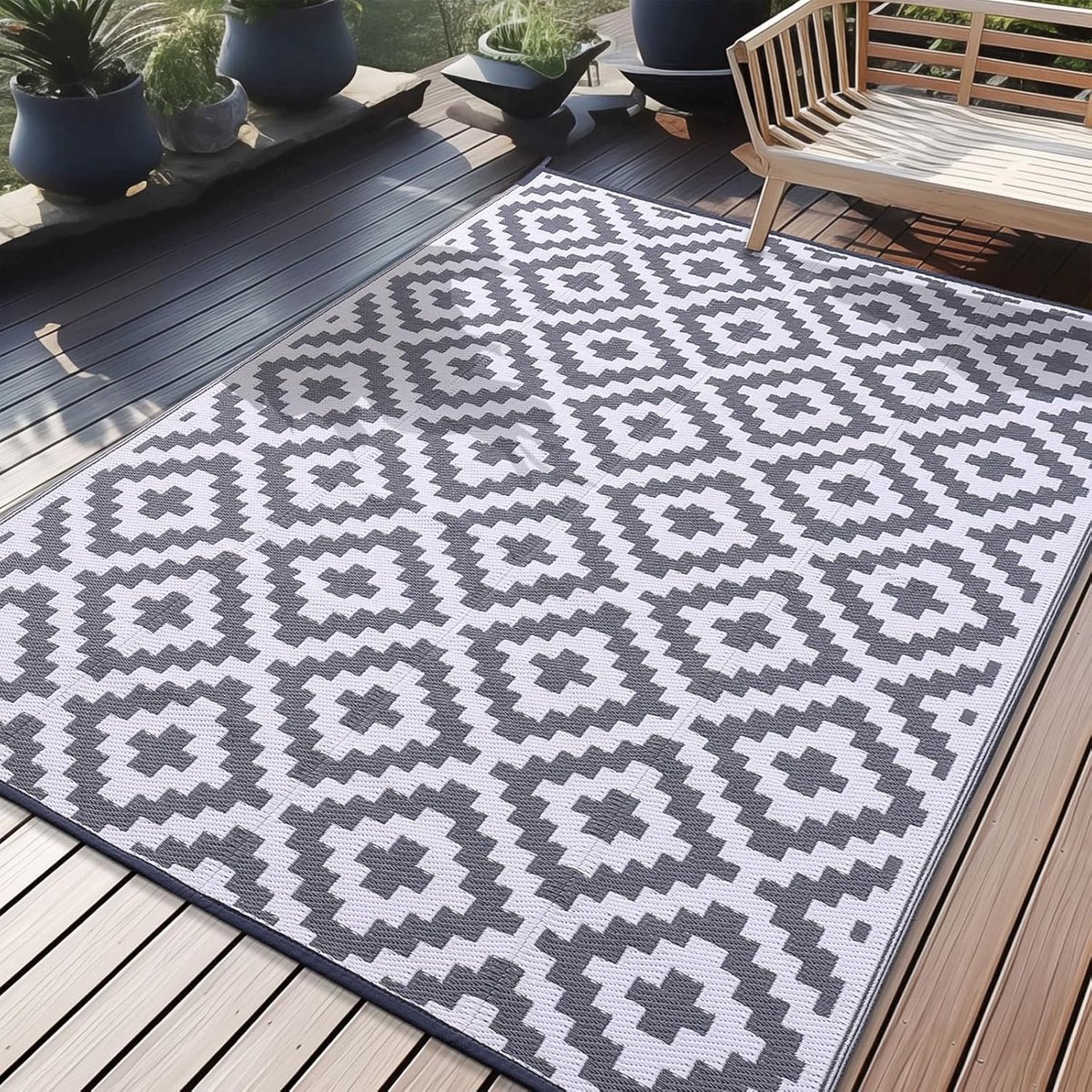 Outdoor tapijt, weerbestendig, kunststof stro, uv-bestendig, omkeerbaar, opvouwbaar, wasbaar, balkon, tuin, tapijt voor terras, camping, picknick (180 x 270 cm, grijs en wit)