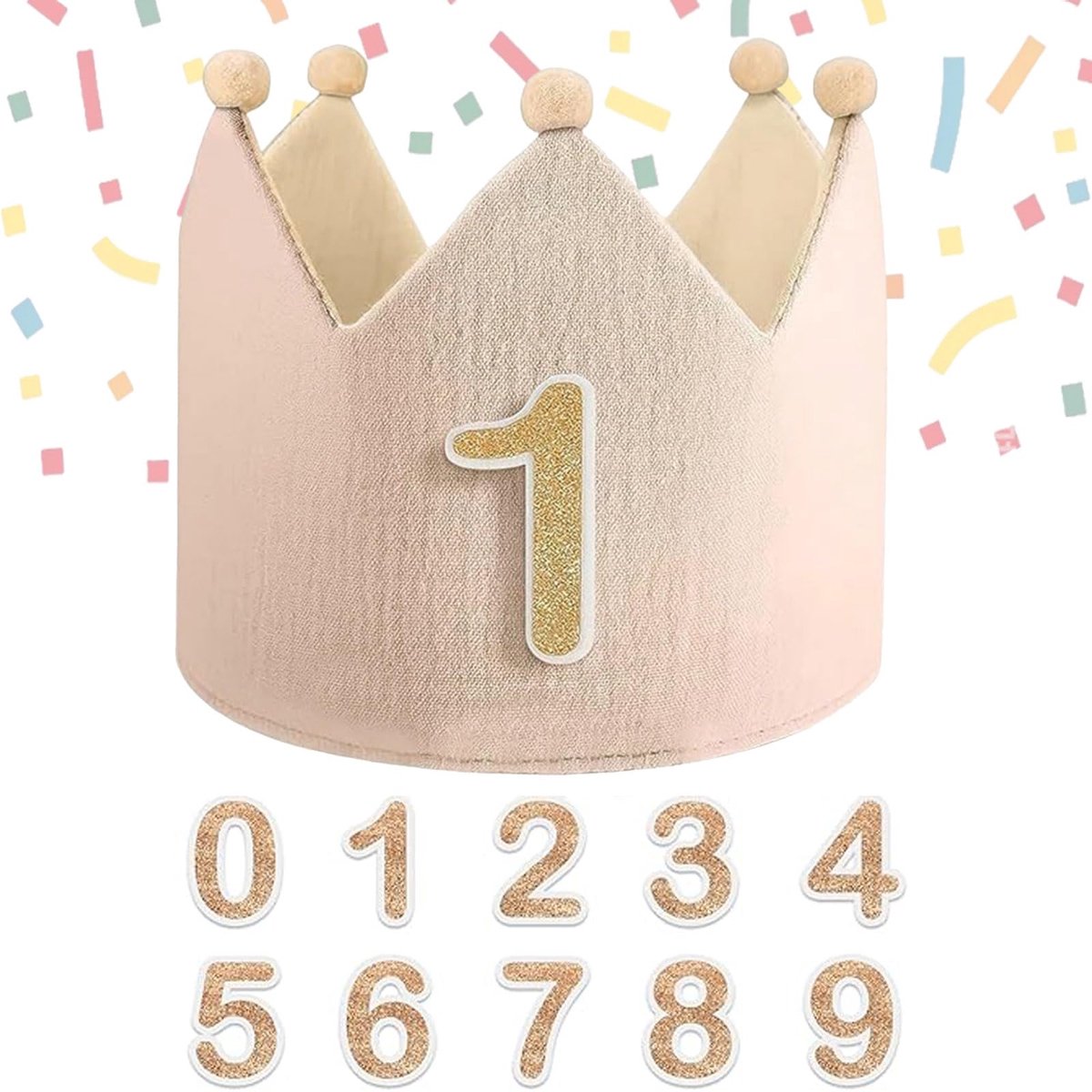 Verjaardagskroon met cijfers 0 - 9 voor meisjes en jongens, verjaardag, kinderkroon, feestdecoratie, hoed, mousseline, kroon, kinderverjaardag, decoratie, beigegrijs