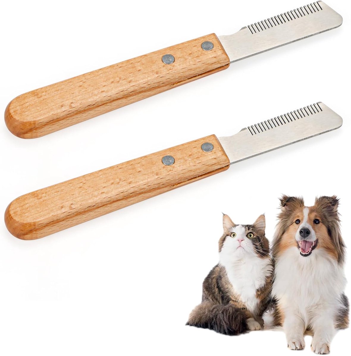 Trimmeselaars voor honden met houten greep, 2 stuks honden trimmeselaars voor stompe trimkam, fijne & grove kam, trimmeselaars van merkkwaliteit voor lang en kort haar