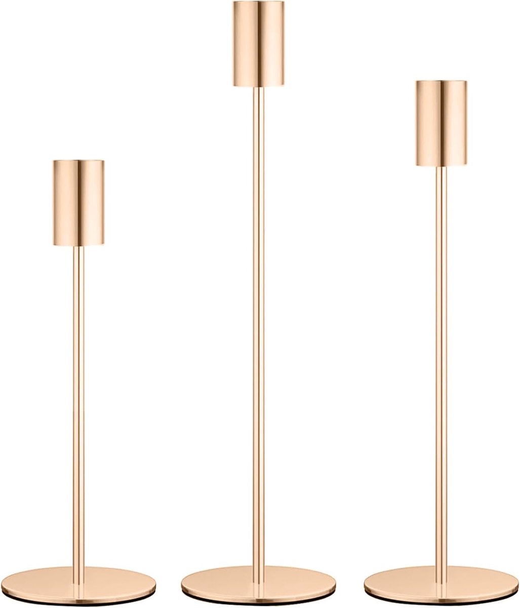 goud 3 set, 22/27/32 cm kandelaar staafkaarsen, hoge metalen staafkaarsenhouder, adventskrans voor romantisch diner, jubileum, bruiloftsfeest (goud)