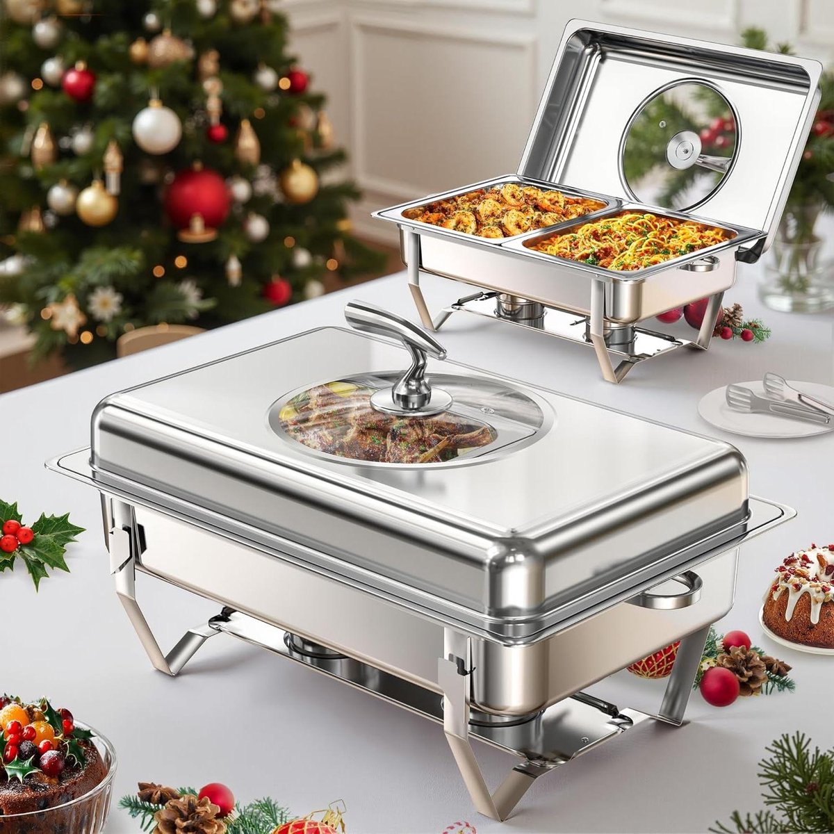 Voedselverwarmers Set - Buffet Warmers - Feesten Serveren - Zichtbaar Glazen Deksel - 9QT 2 Stuks - Zilver