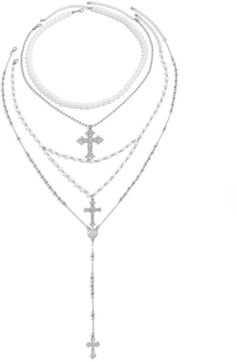 Halsketting voor dames, parels, ketting, zilver, meerlaags, elegante sieraden, fijne modesieraden, ketting, hanger, vintage, accessoire voor feest, bruiloft, dagelijks gebruik