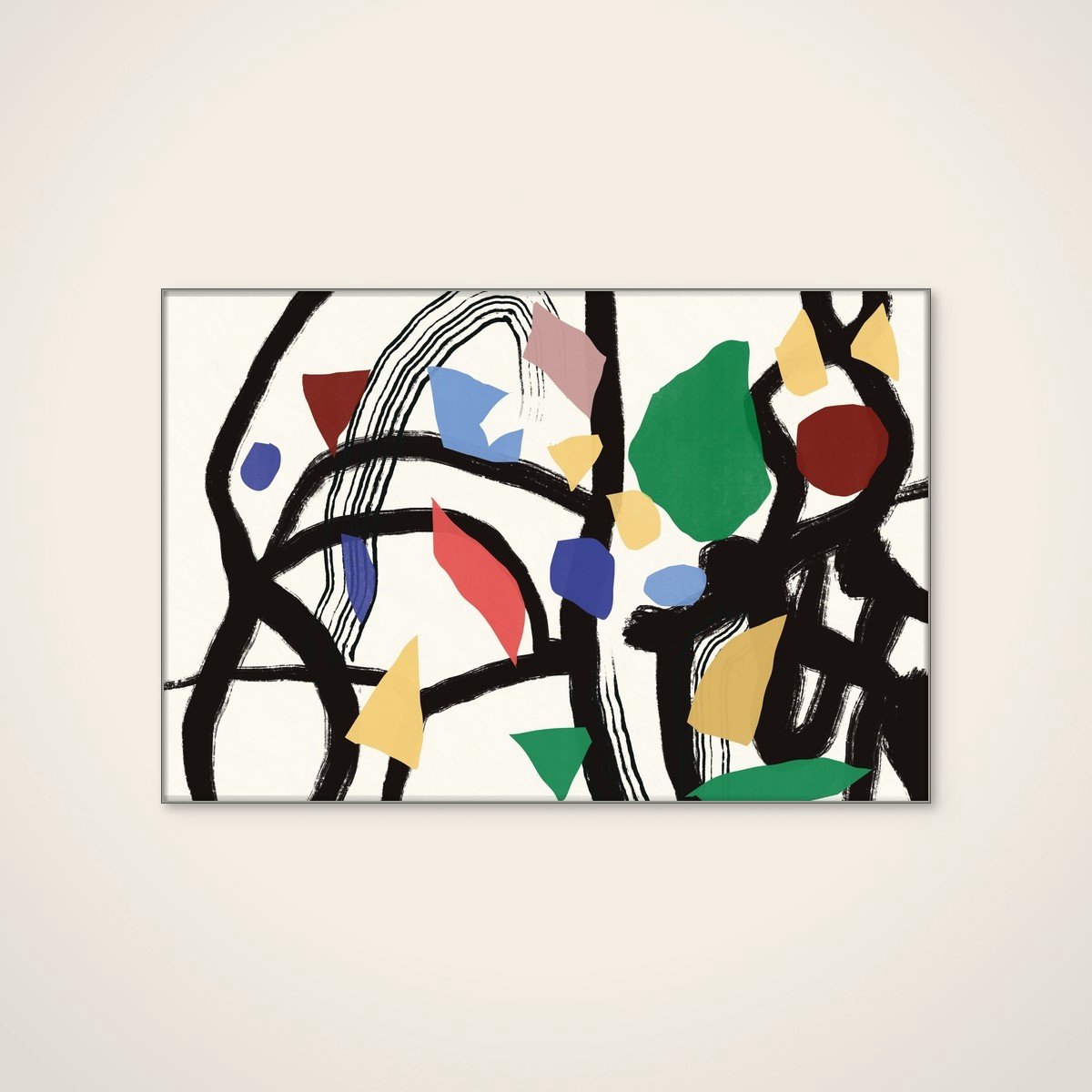 Akoestisch schilderij - 120 x 80 cm - Colorful Abstract Shapes van Little Dean - Abstracte wanddecoratie - zilver textielframe