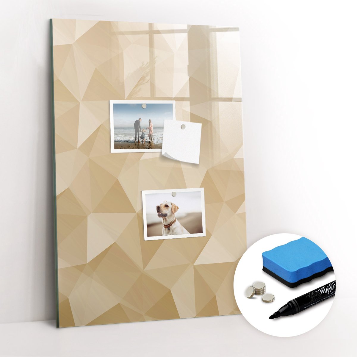 Tulup Whitebord - Abstracte pastelkleurige driehoeken - 40 x 60 cm - Geel Memobord Keuken - Gratis 5 Sterke Magneten + Whiteboard Marker & Wisser - Industrieel Wandbord - Magneetbord Rechthoekig - Planning Muur