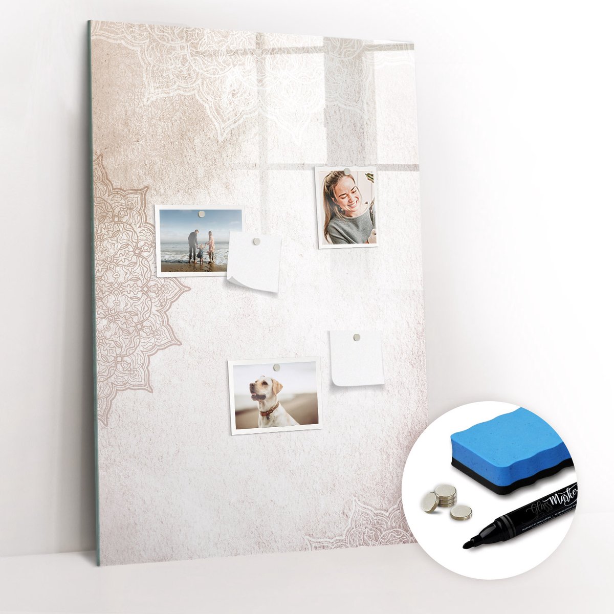 Tulup Whitebord - Mandala's - 60 x 90 cm - Beige Memobord Magnetisch - Gratis 5 Sterke Magneten + Whiteboard Marker & Wisser - Design Memobord - Magneetbord Muur - Ideeënbord Thuiswerkplek