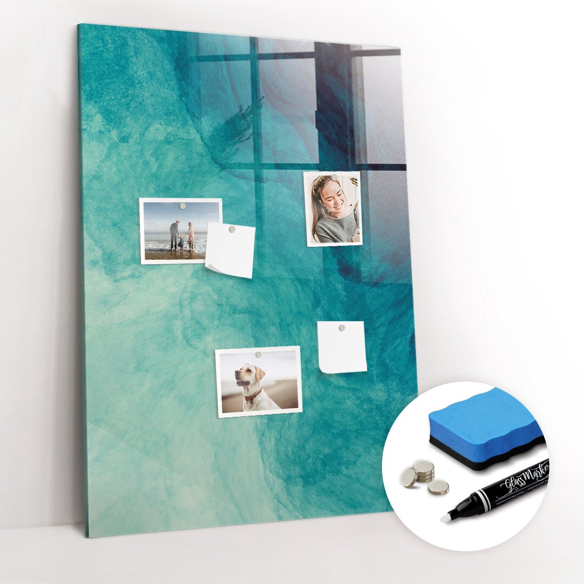 Tulup Whitebord - Mariene abstractie - 70 x 100 cm - Turkoois Magneetbord Rechthoekig - Gratis 5 Sterke Magneten + Whiteboard Marker & Wisser - Minimalistisch Prikbord - Magnetisch Bord - Notitiebord Werkplek