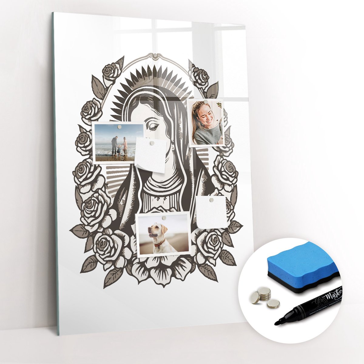 Tulup Whitebord - Maagd van Guadalupe - 60 x 90 cm - Wit Magnetisch Memobord - Gratis 5 Sterke Magneten + Whiteboard Marker & Wisser - Moderne Wanddecoratie - Magnetic Board - Organiseer Je Bureau