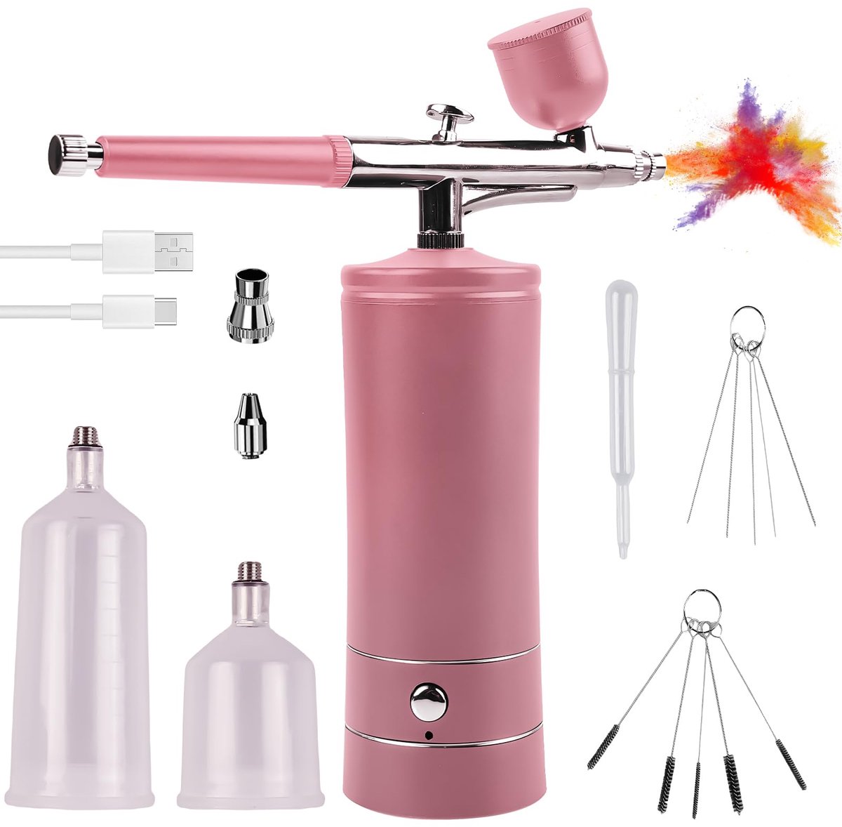 airbrush-kit, oplaadbaar handheld airbrushpistool met borstel, mini-airbrush met compressor voor nageldesign, taartdecoratie, make-up, tattoo-modellering, modelkleuren (roze)