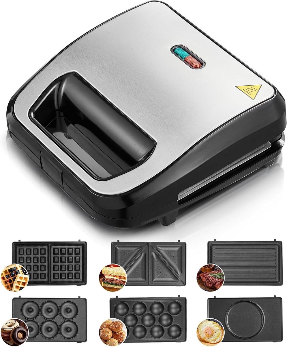 Apparaat voor Snacks - Wafelijzer Tosti - Snelle Maaltijden Maken - 6 Wisselbare Platen - 24 x 23 cm - Zwart
