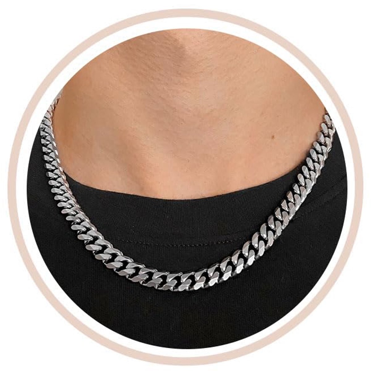 Halsketting voor heren, roestvrij staal, pantserketting, zilver, met Cubaanse schakel, hiphop, zilveren ketting, jongens, mannen, sieraad, cadeau voor dames en heren