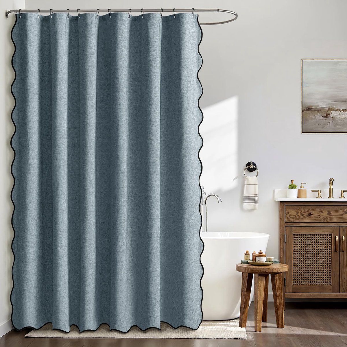 Douchegordijn van linnen, gestructureerd, golvend, 180 x 200 cm, blauw, luxe douchegordijn, waterdicht, schimmelbestendig, wasbare stof, badgordijnen voor badkamer, met 12 metalen haken.