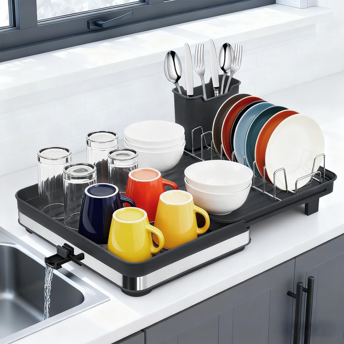 Afdruiprek voor servies, uittrekbaar, multifunctioneel, uitschuifbaar, keukenrek, met bestekhouder, zwart