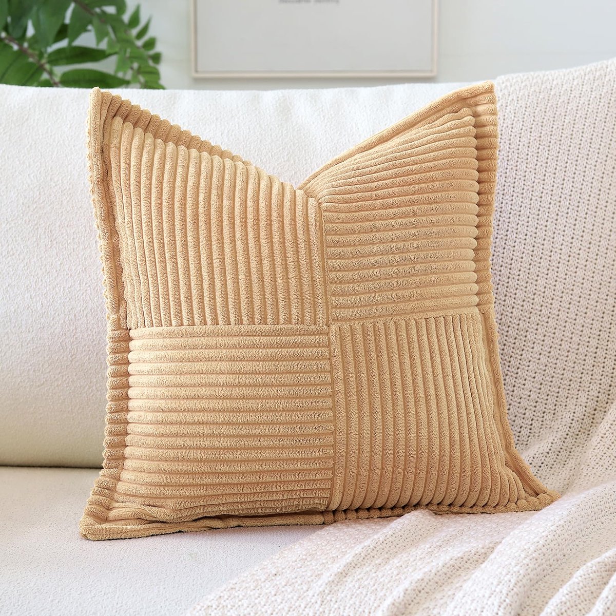 Gestreepte Corduroy Kussenslopen met Splitsing Super Zachte Boho Kussenslopen Broadside Decoratieve Getextureerde Sierkussens voor Bank Sofa Bed Woonkamer 55x55cm, Lichtbruin