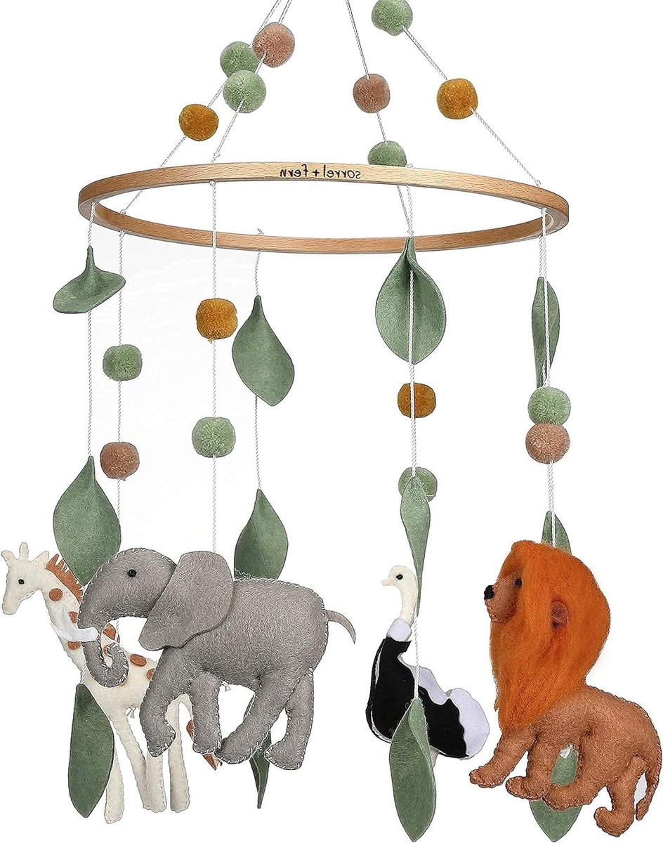 Babybed Mobiel - Kinderkamer Decoratie - Babykamer Aankleden - Handgestikte Vilten Dieren - 19 Inch Hanghoogte - Natuurlijke Kleuren