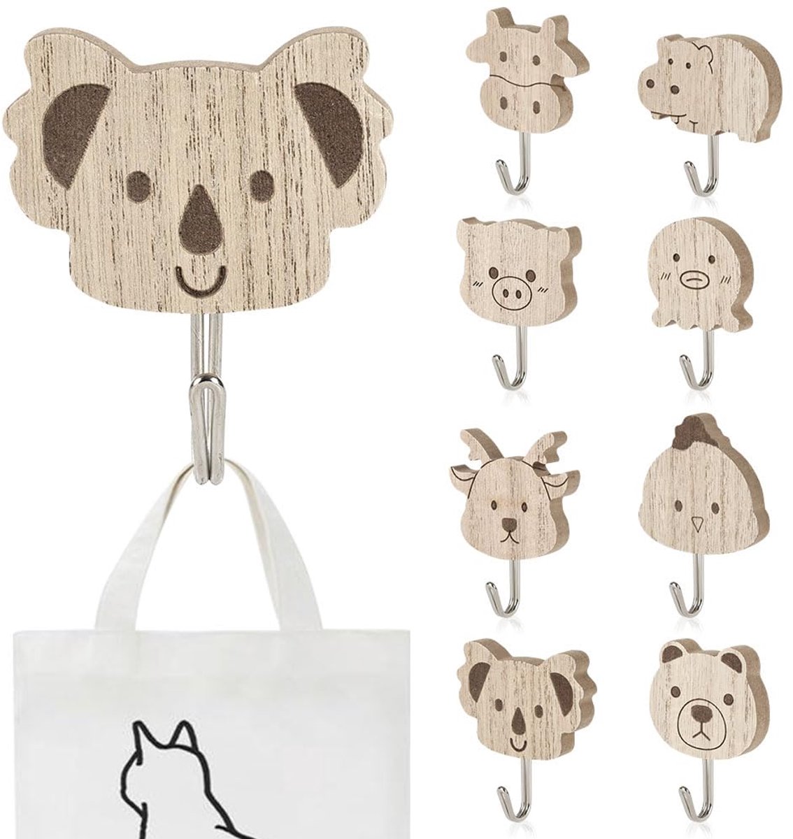 8 stuks houten dierenwandhaken, verschillende vormen, schattige dierenklevende kapstokhaak, kinderkleerhanger, houten haken, zelfklevend voor kinderkamer, babyslaapkamer, badkamer, decoratie