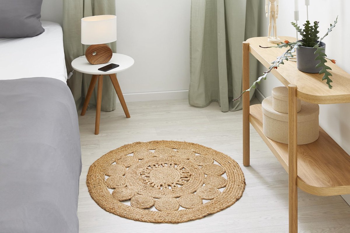 Vloerkleed van jute rond, ook geschikt als tapijt voor de slaapkamer, duurzaam boho-tapijt, beige, natuurproduct, 120 cm rond