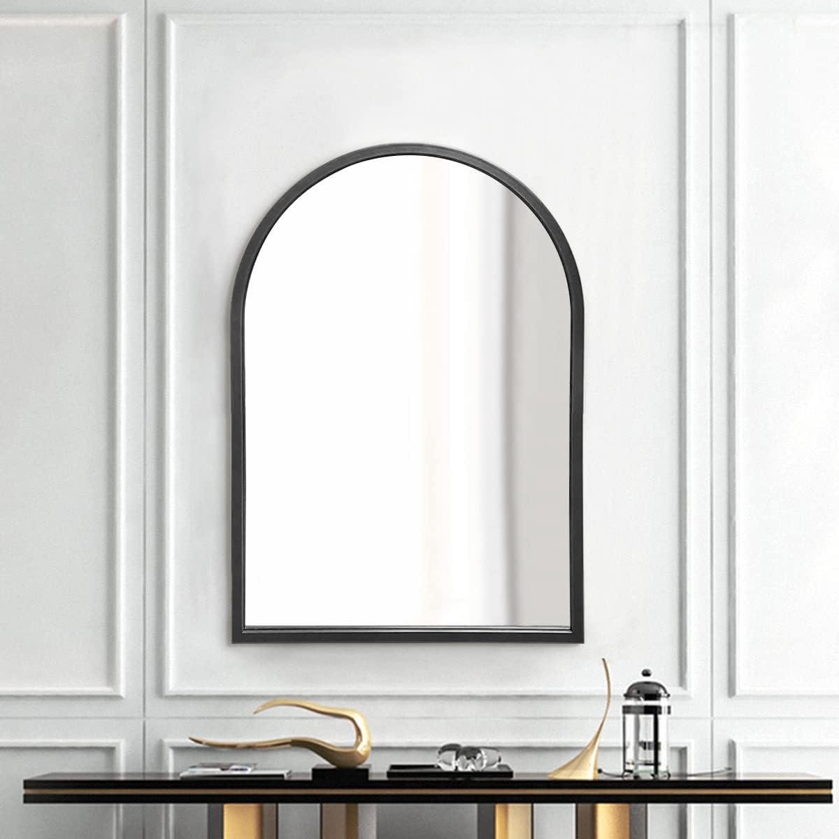 Grote Gebogen Wandspiegel met Zwarte Metalen Frame - Perfect voor Badkamer en Woonkamer