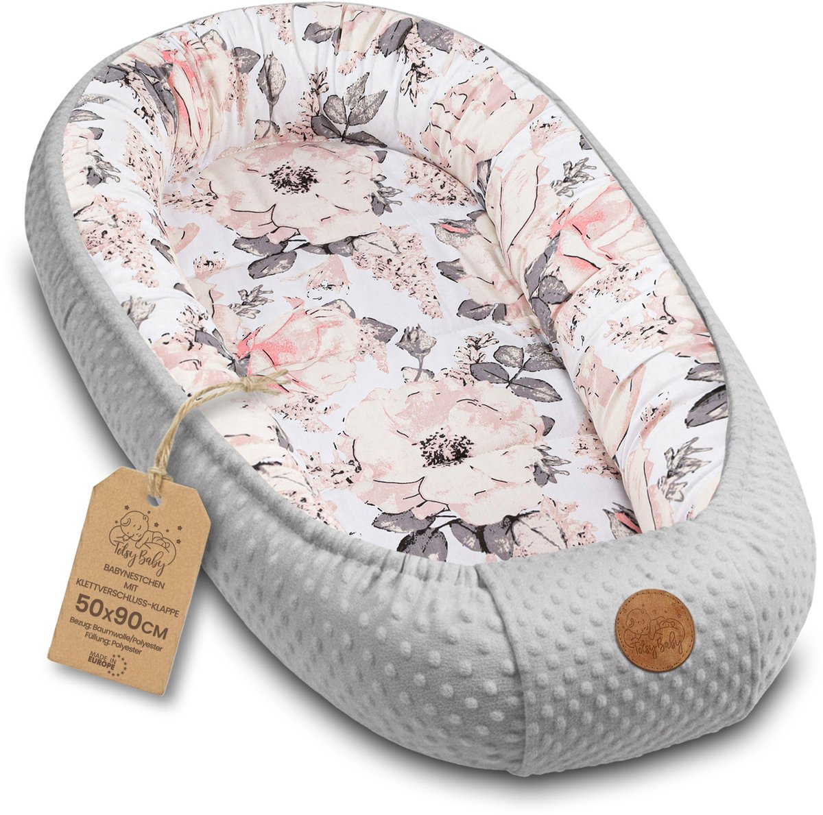 Knus Baby Nestje Pasgeborene – zacht draagbaar en comfortabel Nest voor Ledikant Kinderbed Wieg Babykamer en Onderweg – behaaglijk voor Jongen & Meisje 90x50 cm Wilde roos grijs