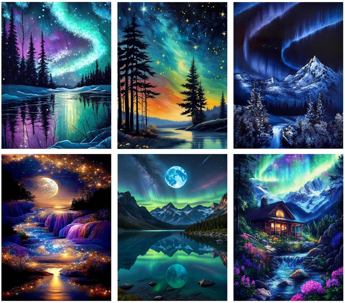 borduurwerk, diamantschilderij, 6 stuks, 30 x 40 cm, complete set van kralen, om op te plakken, landschap, accessoires, 5D-canvas, foto, kinderen, volwassenen, strass-steentjes