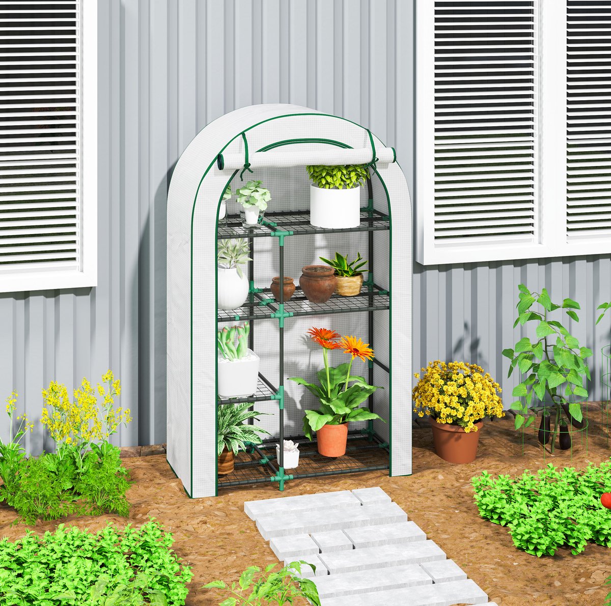 MEUNIQ Foliekas 100 x 45 x 160 cm met 7 draadrekken, oprolbare ritsdeur en stalen frame, tomatenkas voor balkon of tuin, wit