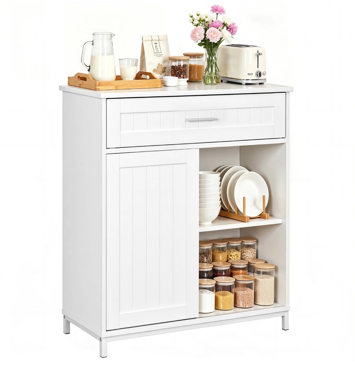 RosaBloom Keukenbuffet - Eetkamerkast - Dressoir - Met Schuifdeur en Lade - Verstelbare Planken - 70x30x80.5cm - Wit MDF & Metaal - Wit
