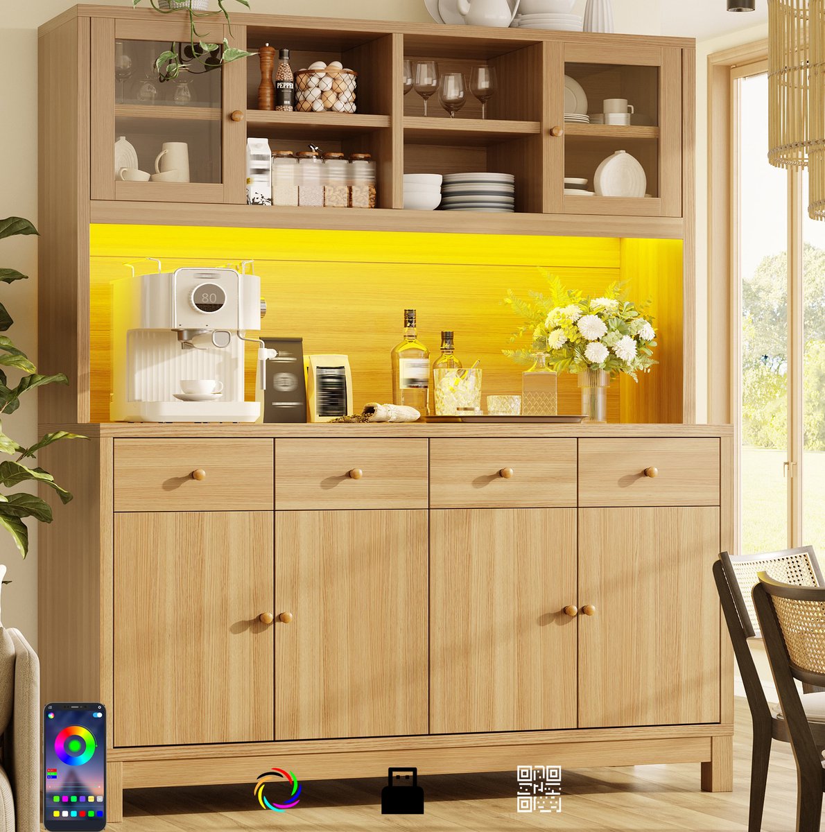 MIVRAY Keukenkast - Hoge Buffetkast Met RGB Ledverlichting En Glazen Deuren - 4 Lades En Verstelbare Planken - MDF Houtlook - 140x38,5x180 Cm