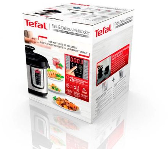 Verpakking van de Tefal Fast & Delicious Multicooker met afbeeldingen van het apparaat en gerechten.