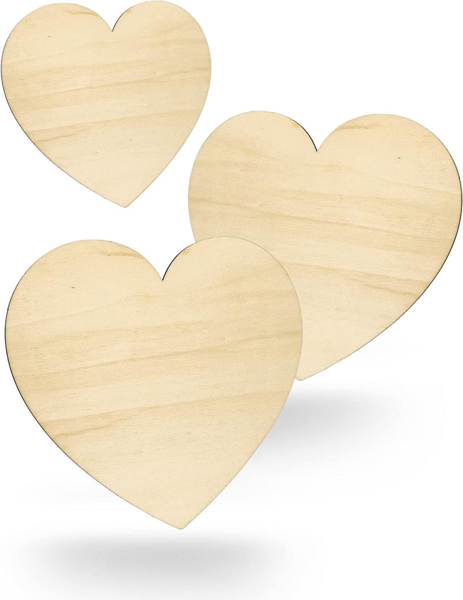 Houten hart decoratie - Hartvorm hout - Feestelijke aankleding - Gladde afwerking - Set van 3 - Naturel