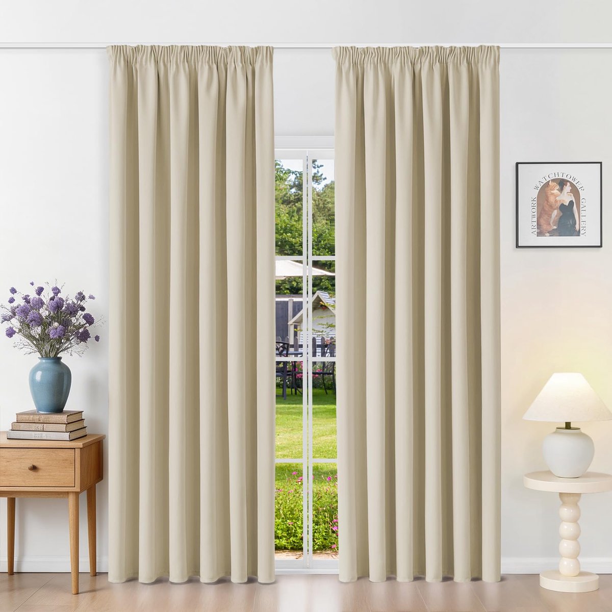 gordijnen met rimpelband, thermische gordijnen, koudebescherming, gordijnen, ondoorzichtig, 200 x 200 cm (h x b), lichtbeige, set van 2 verduisteringsgordijnen voor railsysteem