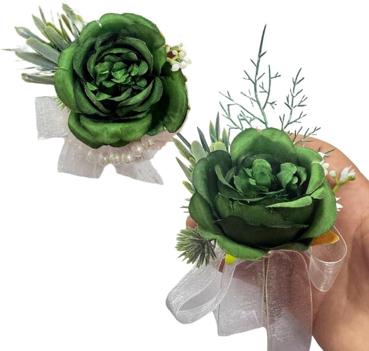 Pols Corsage Boutonniere - Bloemen Set - Feestelijke Decoratie - Handgemaakt Design - 2 Delig - Groen