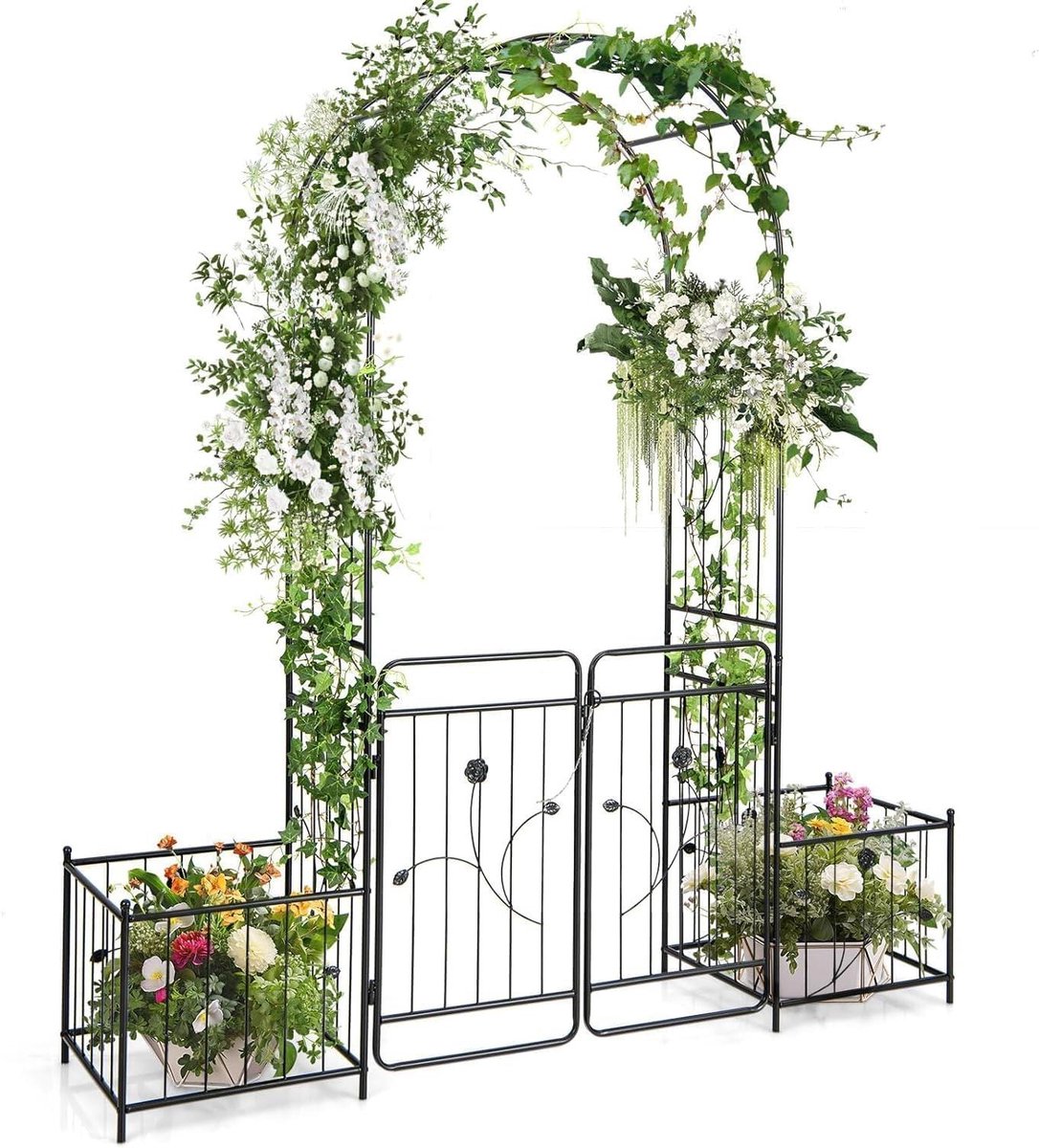 Metalen Tuinboog - Rozenboog Prieel - Klimplanten Versieren - Met Deur Plantenbakken - 202 x 220 cm - Zwart