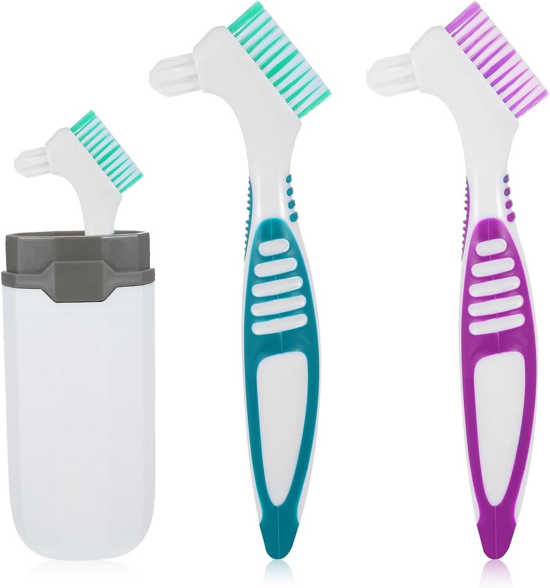 Kunstgebit Tandenborstel Set - Prothese Borstel - Hygiënisch Werken - Dubbele Borstelkop - 2 Stuks - Groen Paars Wit