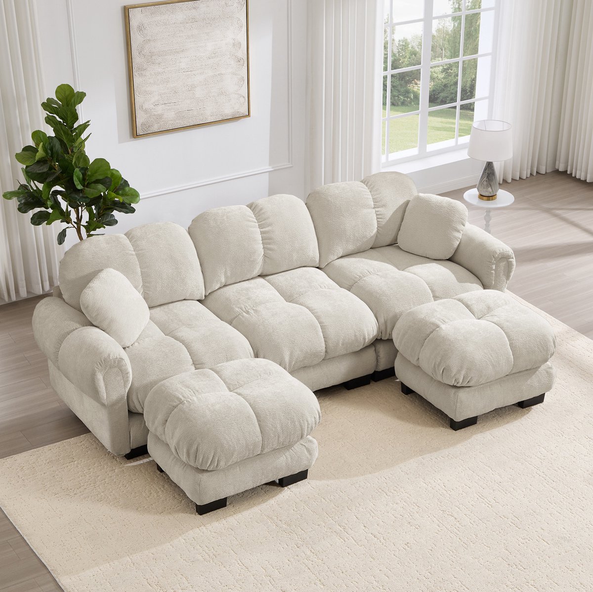MIVRAY U-bank 3-zits - Modulaire Cloud Sofa Met Mobiele Ottomane En 2 Sierkussens - Voor Woonkamer - Chenille Licht Khaki
