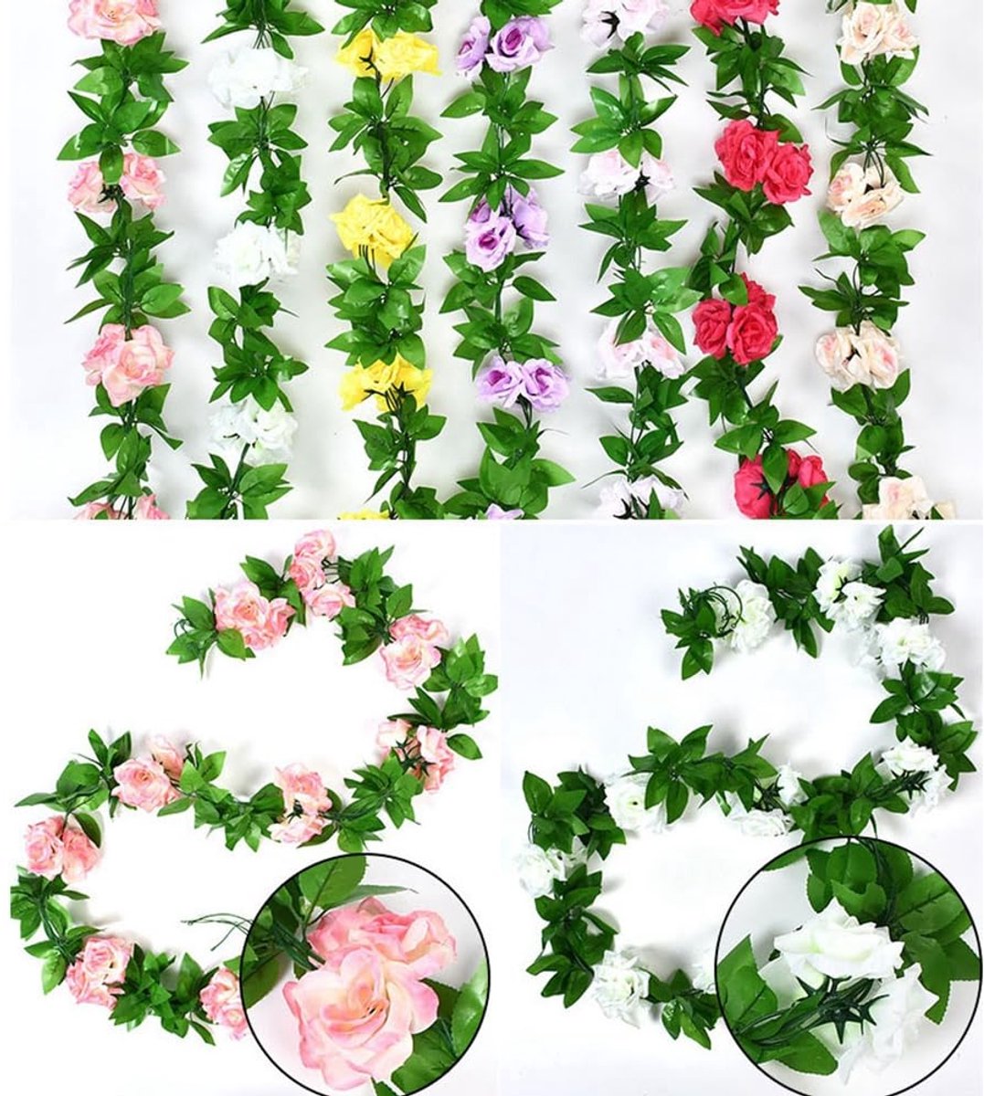 2 stuks, 2,4 m, namaakrozen, kunstbloemen, slinger, net als echte elegante bloemenkrans, rozen, zijden bloemen, hangende wijnstok voor bruiloft, feest, tuin, lichtblauw
