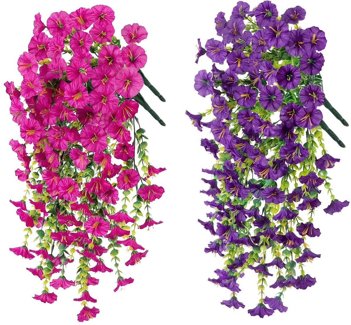 4 stuks kunstplanten om op te hangen, 2 kleuren, petunia's, kunstbloemen voor buiten, kunststof planten voor buiten, terras, balkon, hangbak