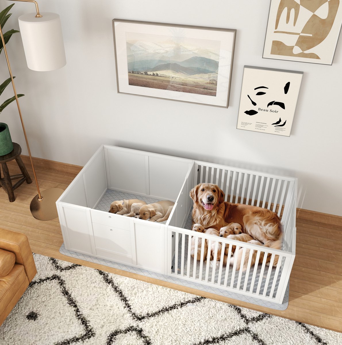 MIVRAY Puppyren Werpkist – Verstelbare Deur En Waterdichte Onderlegger – 166 X 80 X 50 Cm – MDF – Wit – Voor Moederhond En Welpen