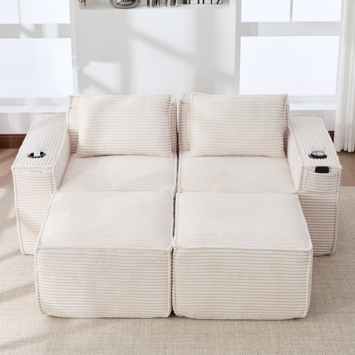 MIVRAY Bank 2-Zits - Modulaire Corduroy Zitbank Met 2 Hockers, Bekerhouders En Zijvakken - Voor Woonkamer En Appartement - Beige