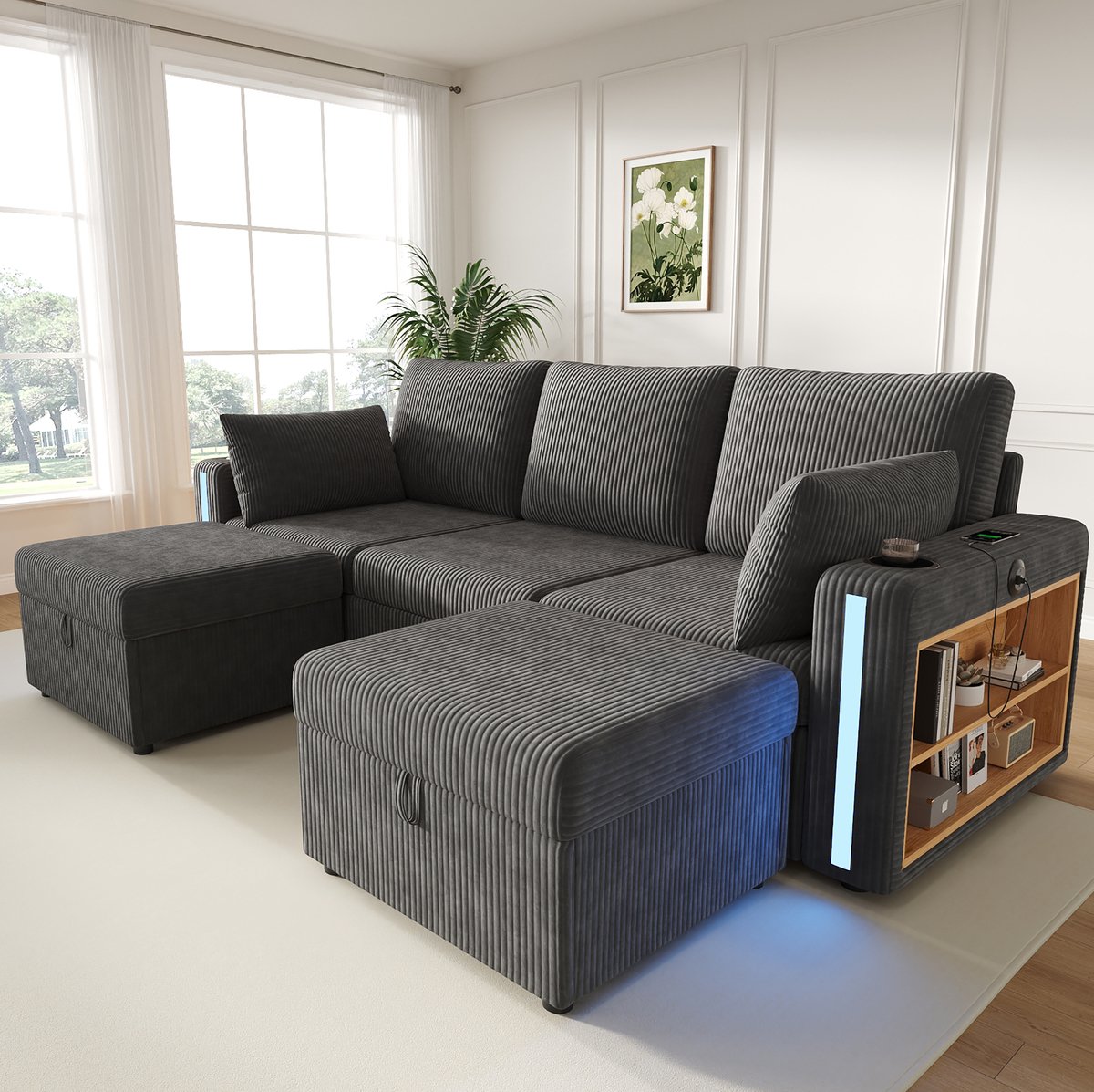 MIVRAY U-bank 190 x 130 cm - Modulaire U- En L-Vorm Met LED, USB En Opberghockers - Voor Woonkamer - Corduroy Grijs