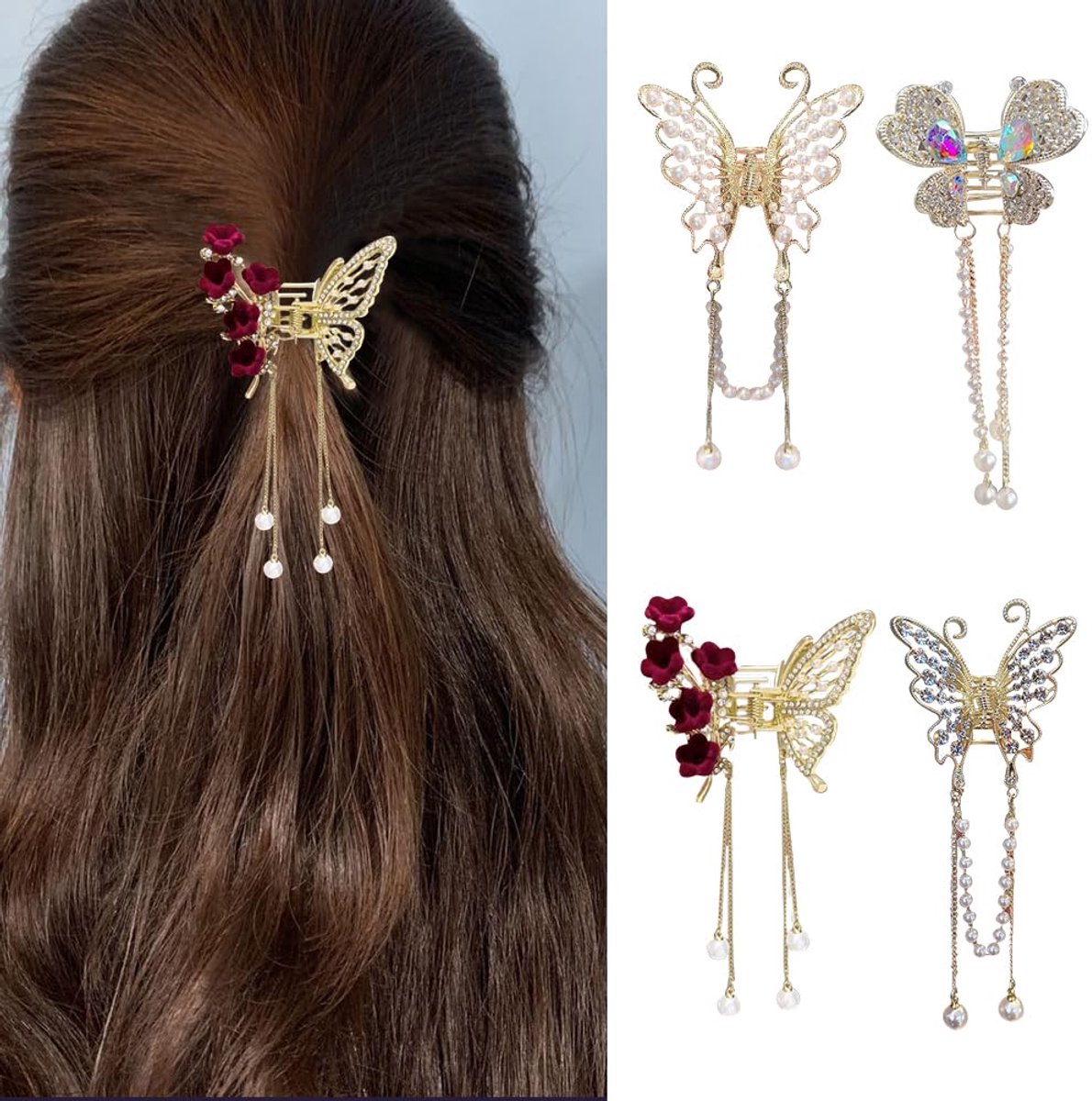 4 stuks haarspelden in vlindervorm met kwastje clip van metaal en kralen met kleine bloemen, elegant accessoire voor vrouwen en meisjes