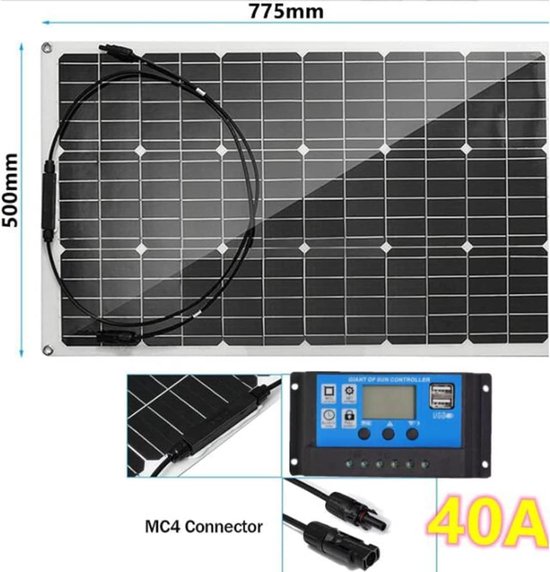 500x775mm flexibel zonnepaneel met MC4 connector en 40A laadregelaar.